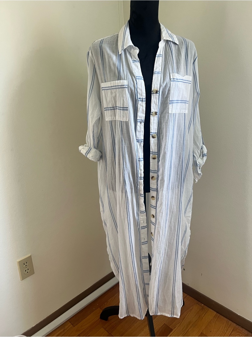 Blue Island Medium Swim Cover-Up Blue & White Striped Button-Front Shirt Dress